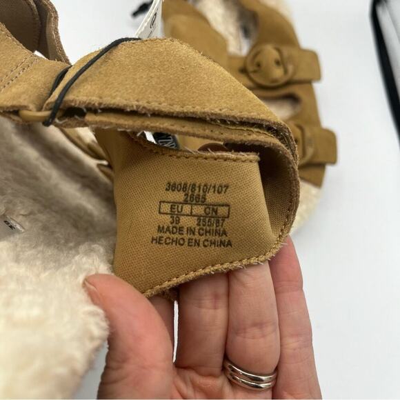 NWT Zara Leather Shearling Buckle Sling Back Flat Sandal Slipper Brown Cream 39 - Picture 6 of 8